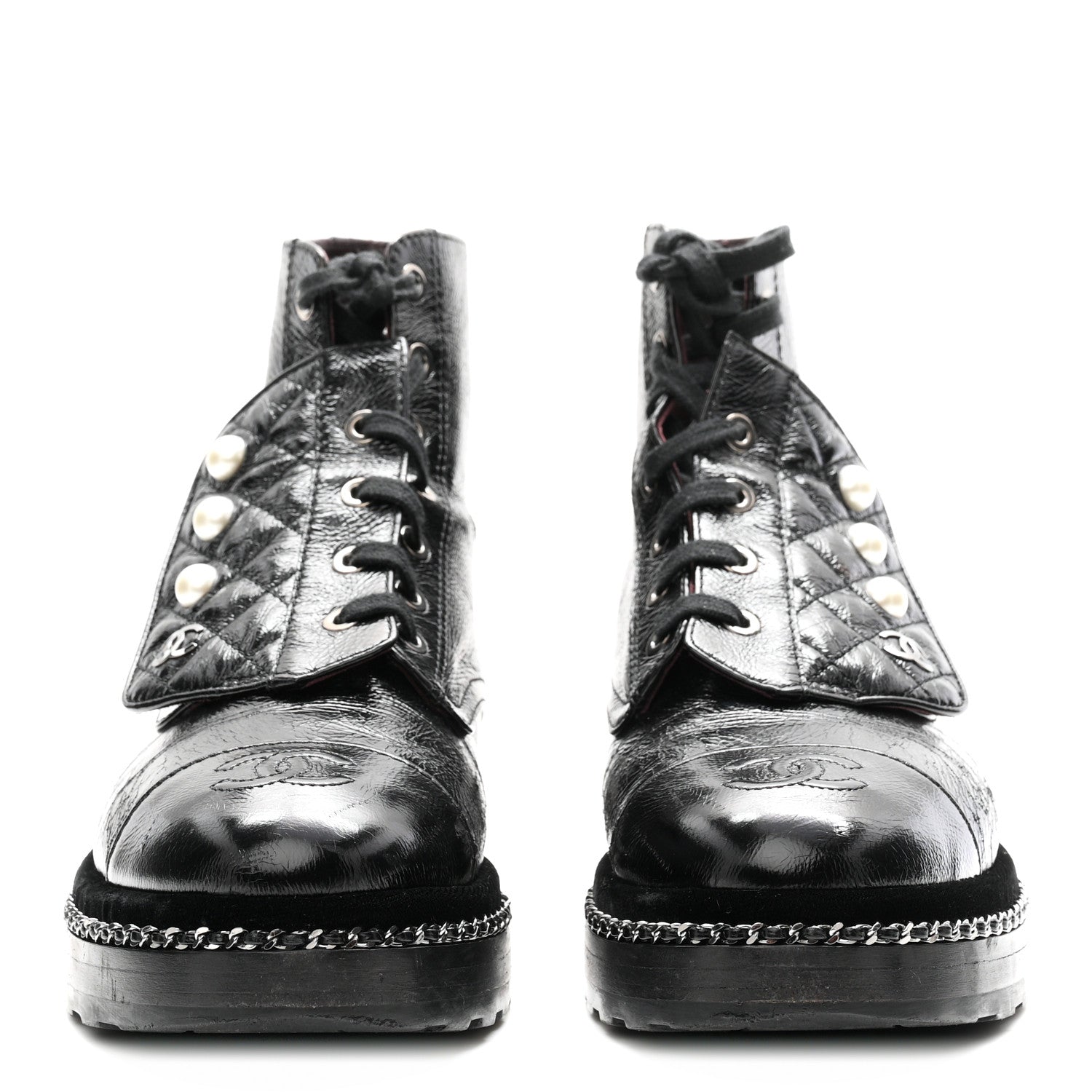 Chanel Crackled Calfskin Velvet Pearl Combat Short Boots 38 Black 3 of 10
