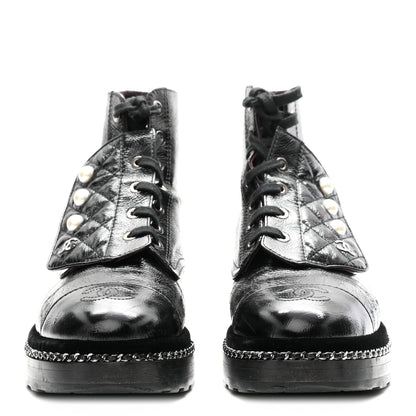 Chanel Crackled Calfskin Velvet Pearl Combat Short Boots 38 Black 3 of 10
