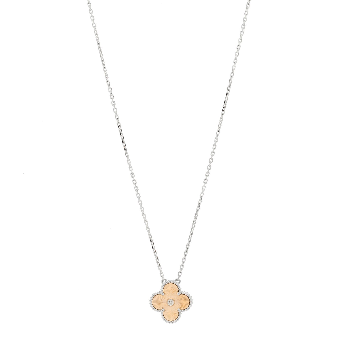 18K White Rose Gold Diamond Guilloche Vintage Alhambra Pendant Necklace