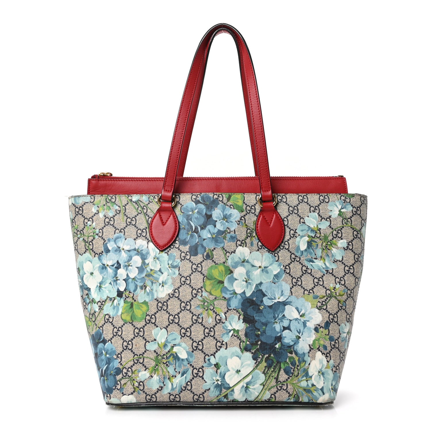 Gucci GG Supreme Monogram Blooms Medium Zippered Bucket Tote Beige Blue Navy Hibiscus Red 1 of 10