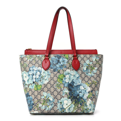 Gucci GG Supreme Monogram Blooms Medium Zippered Bucket Tote Beige Blue Navy Hibiscus Red 1 of 10