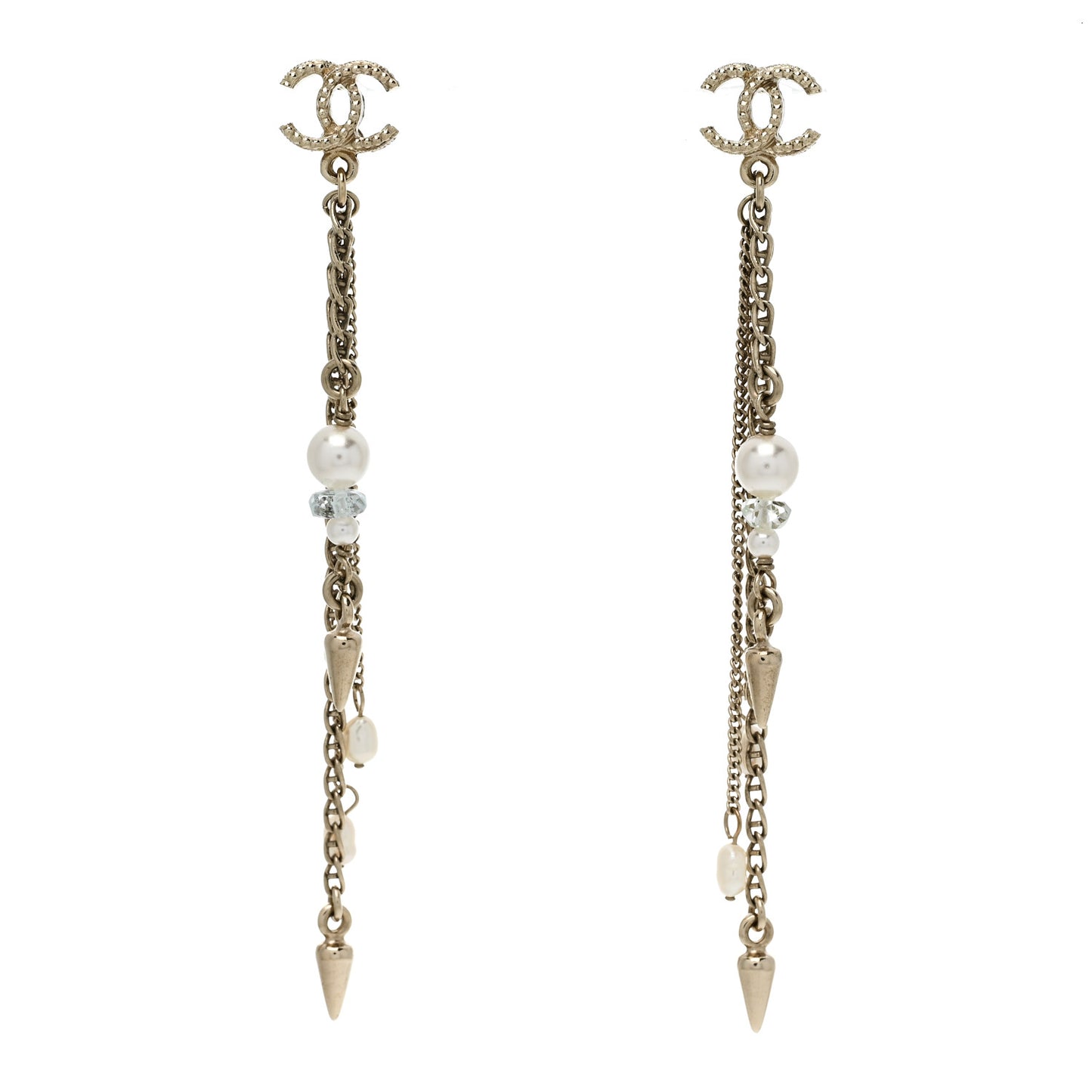 Chain Pearl CC Drop Earrings Light Gold