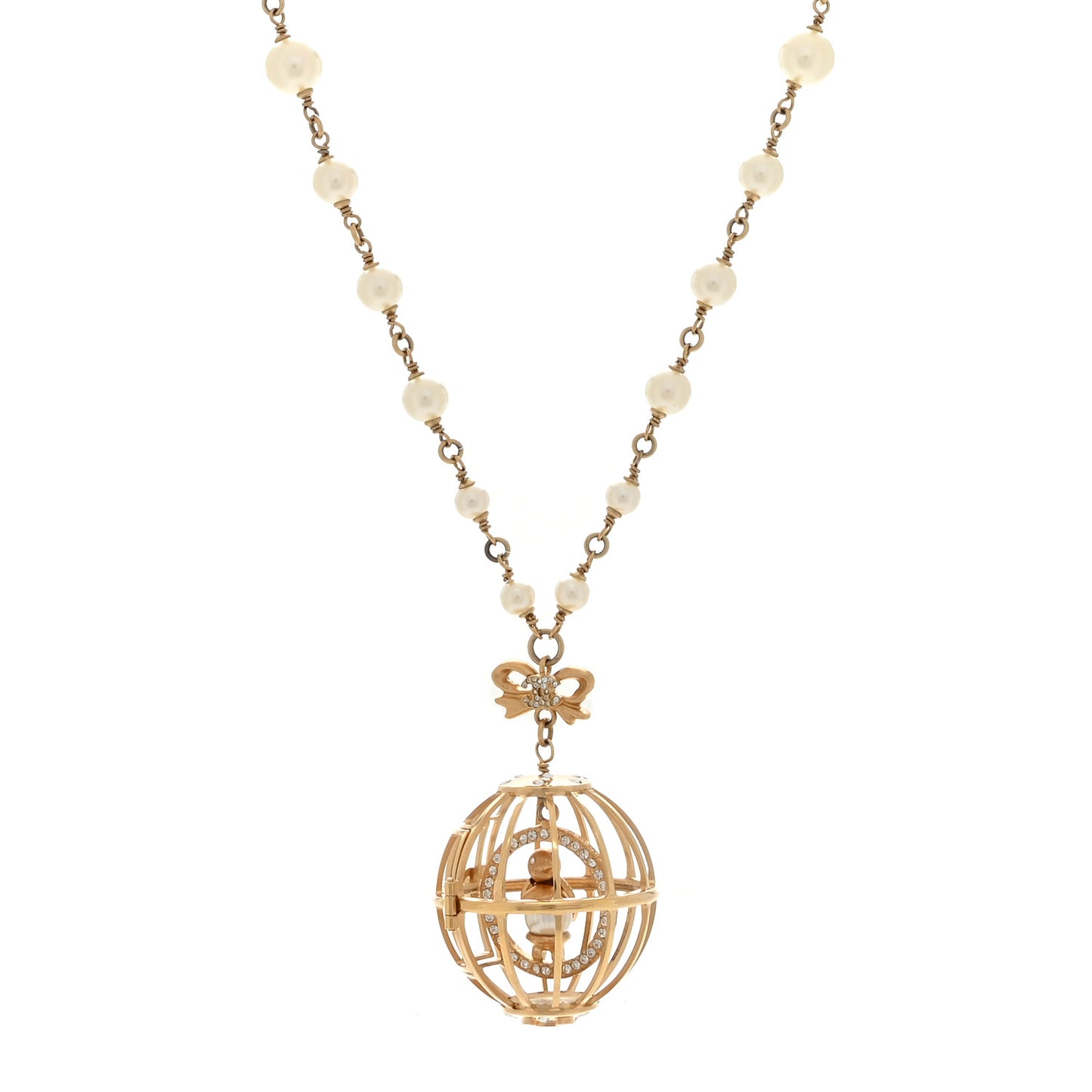 Metal Pearl Crystal Bird Cage Necklace Gold