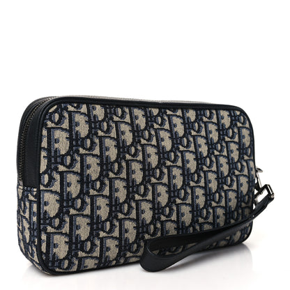 Christian Dior Oblique Jacquard Grained Calfskin Toiletry Pouch Blue Black 3 of 8