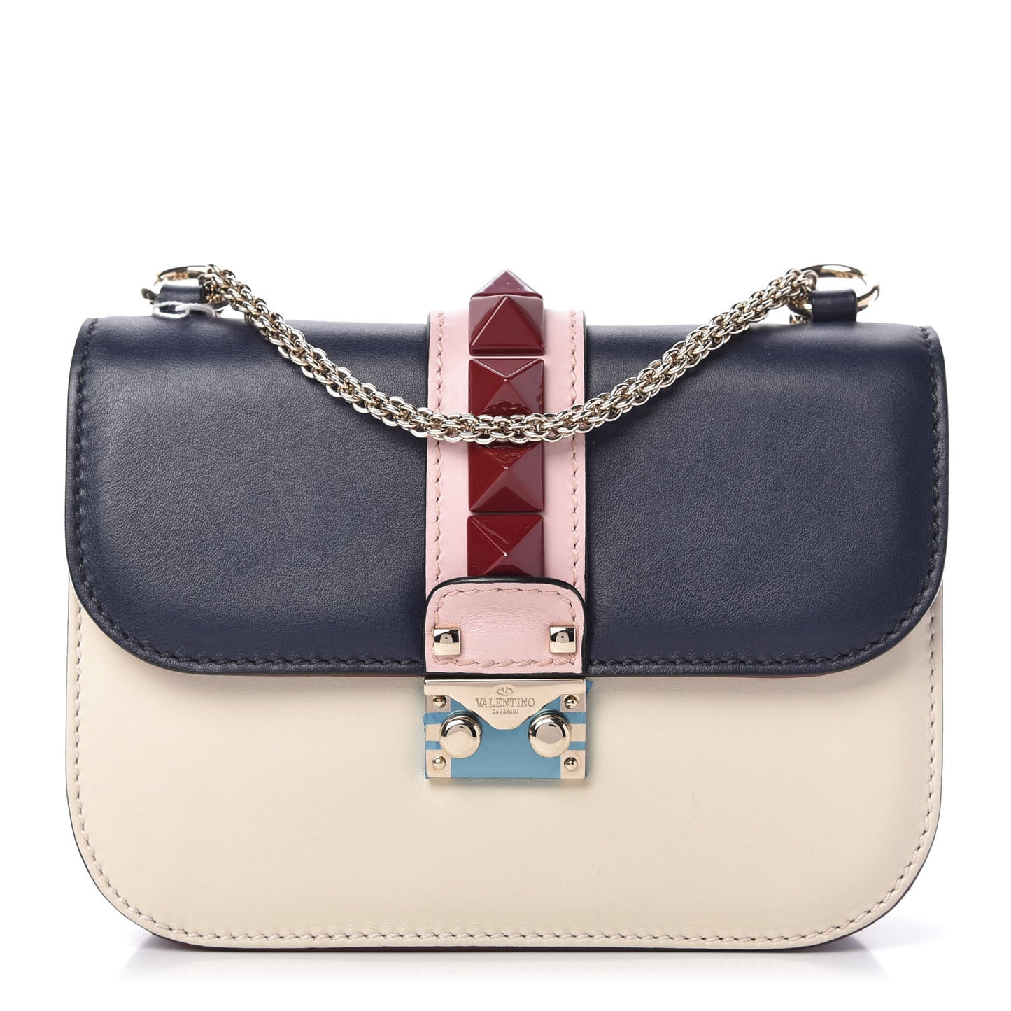 Vitello Small Glam Lock Rockstud Flap Light Ivory Water Rose Marine Rubin