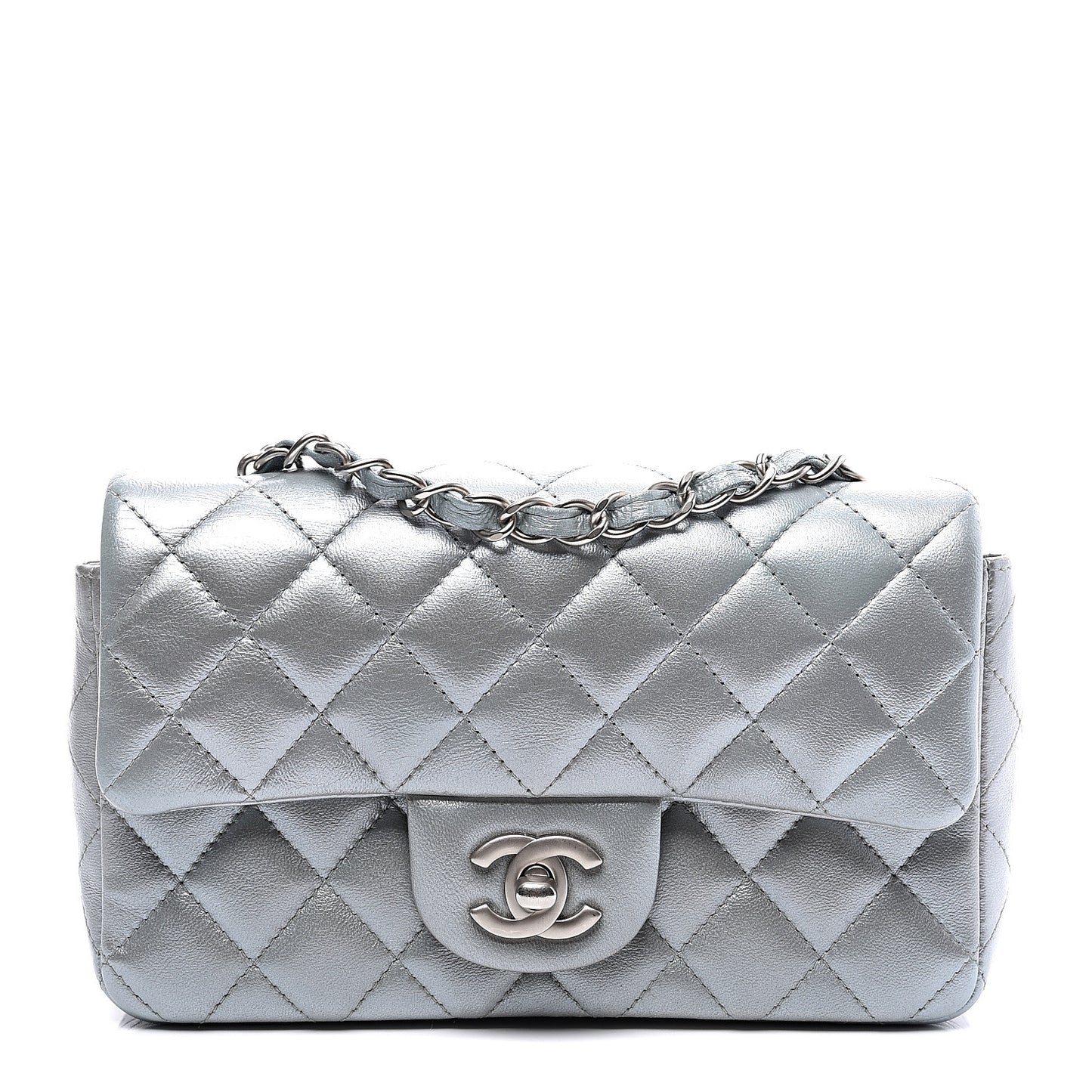 Metallic Lambskin Quilted Mini Rectangular Flap Silver