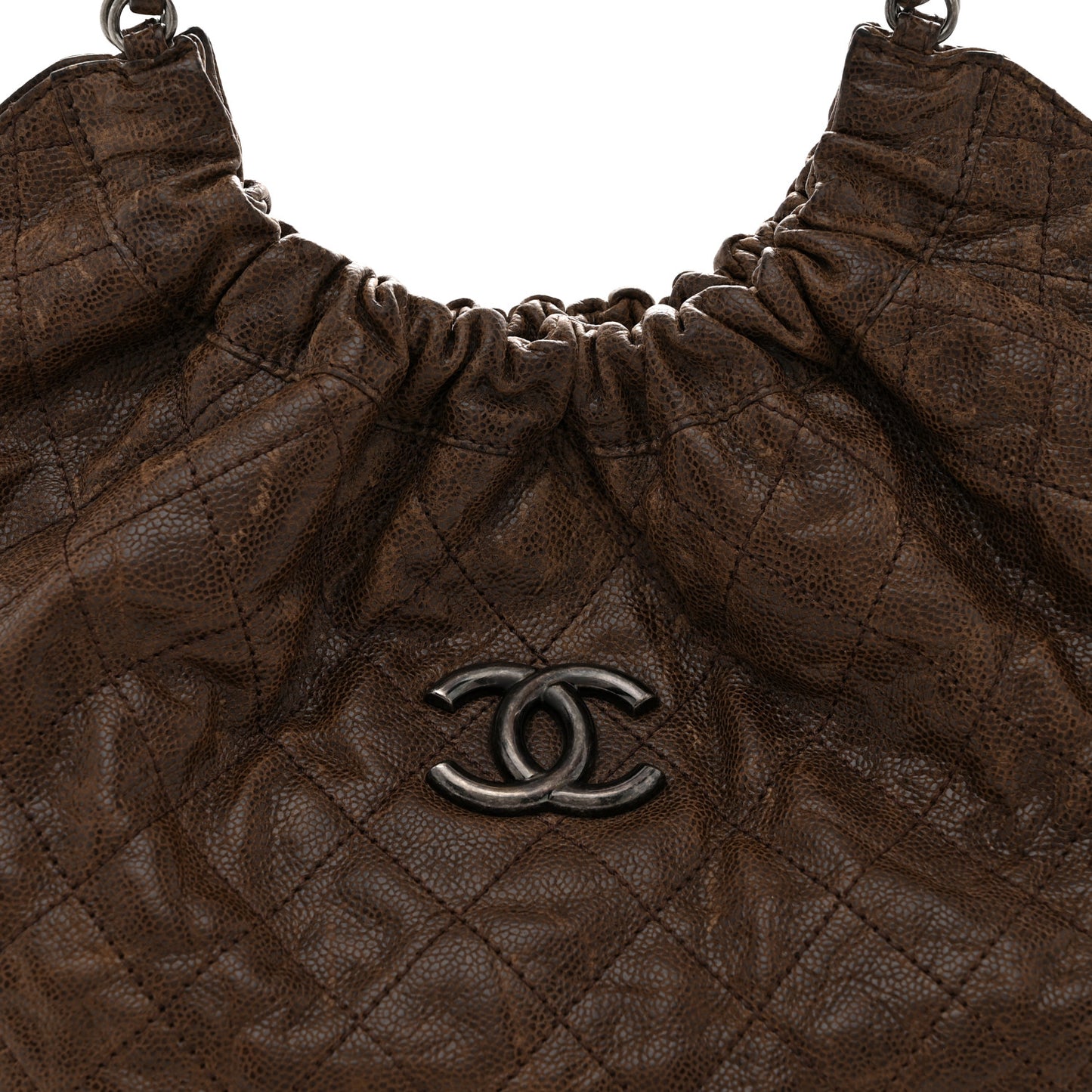 Distressed Glazed Caviar Quilted Large Elastic Tote Brown