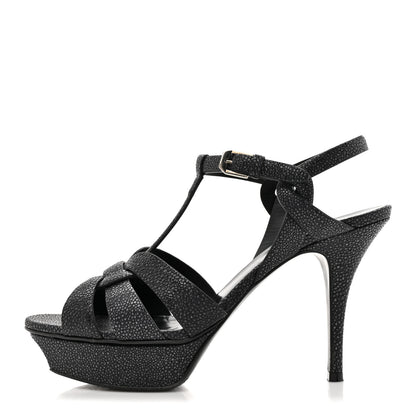 Saint Laurent Grained Calfskin Razza Print Tribute 75 Platform Sandals 38.5 Dark Grey 1 of 13