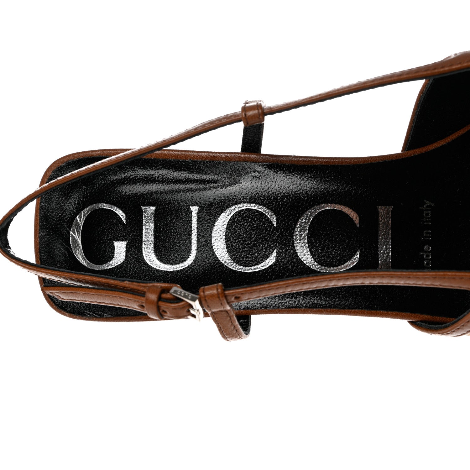 Gucci GG Monogram Malaga Kid Crystal Square G 35mm Slingback Pumps 37 Camel Ebony Cuir 6 of 9