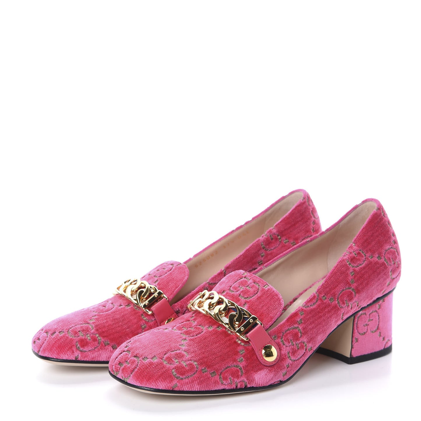 Velvet GG Monogram Sylvie Web Chain Mid Heel Loafers 37.5 Bright Pink