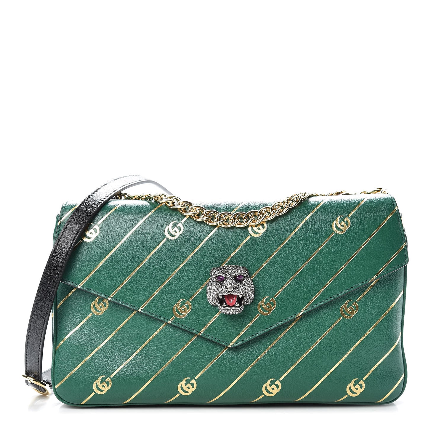 Calfskin Diagonal GG Medium Thiara Double Envelope Shoulder Bag Emerald Green Black