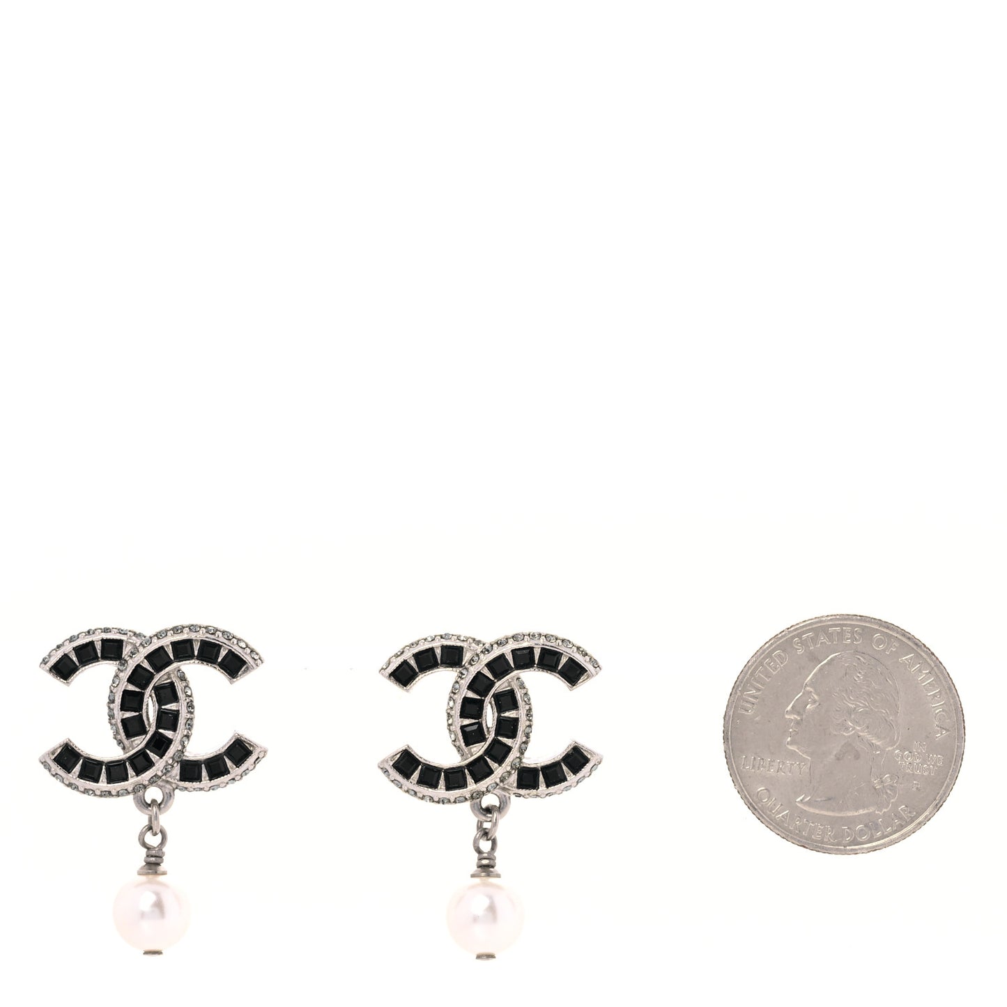 Baguette Crystal Pearl CC Drop Earrings Silver Black