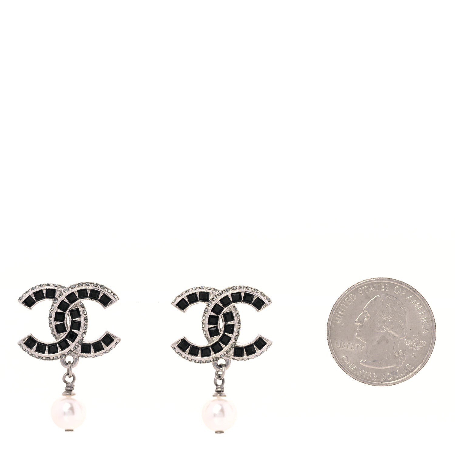 Chanel Baguette Crystal Pearl CC Drop Earrings Silver Black 2 of 4