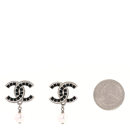 Chanel Baguette Crystal Pearl CC Drop Earrings Silver Black 2 of 4