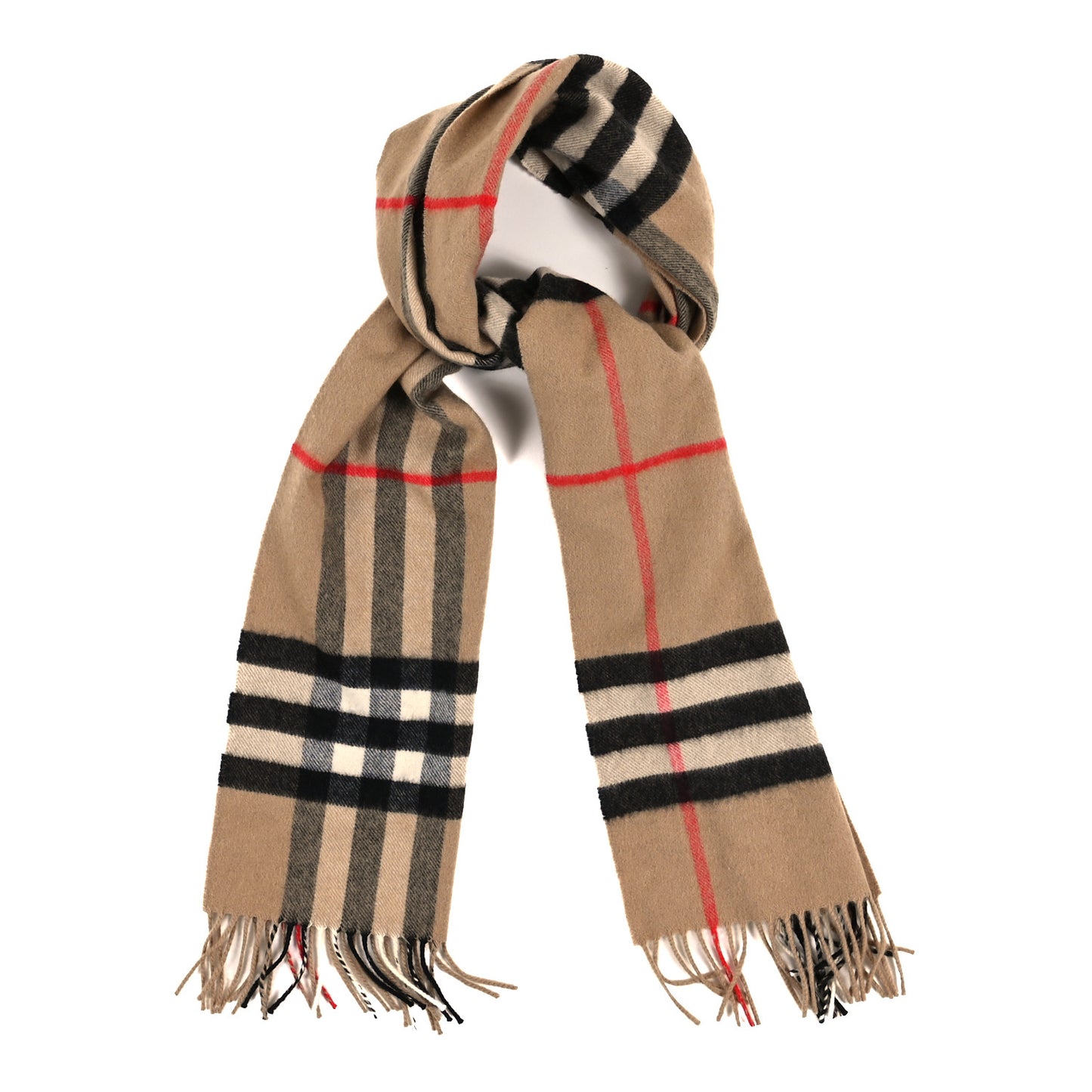 Cashmere Giant Heritage Check Fringe Scarf Camel