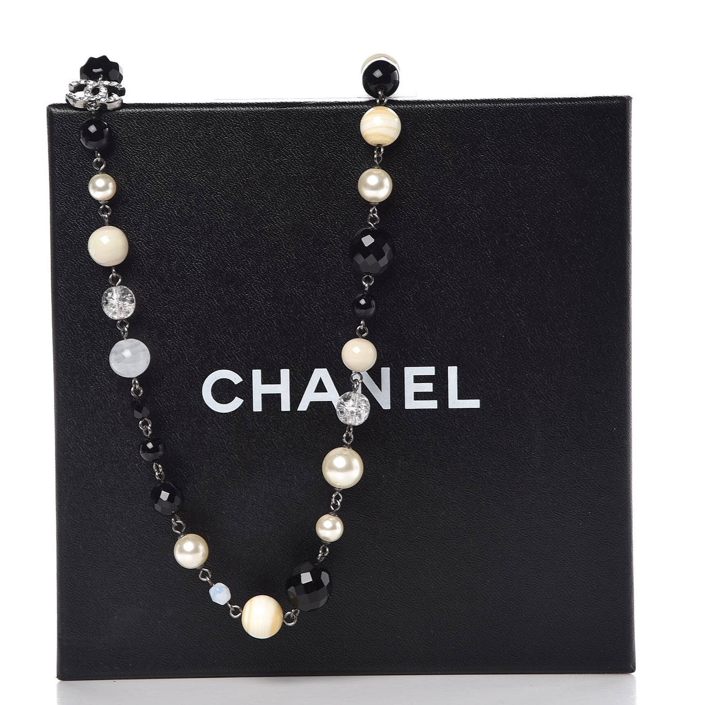 Pearl Crystal Bead CC Long Necklace Black Silver