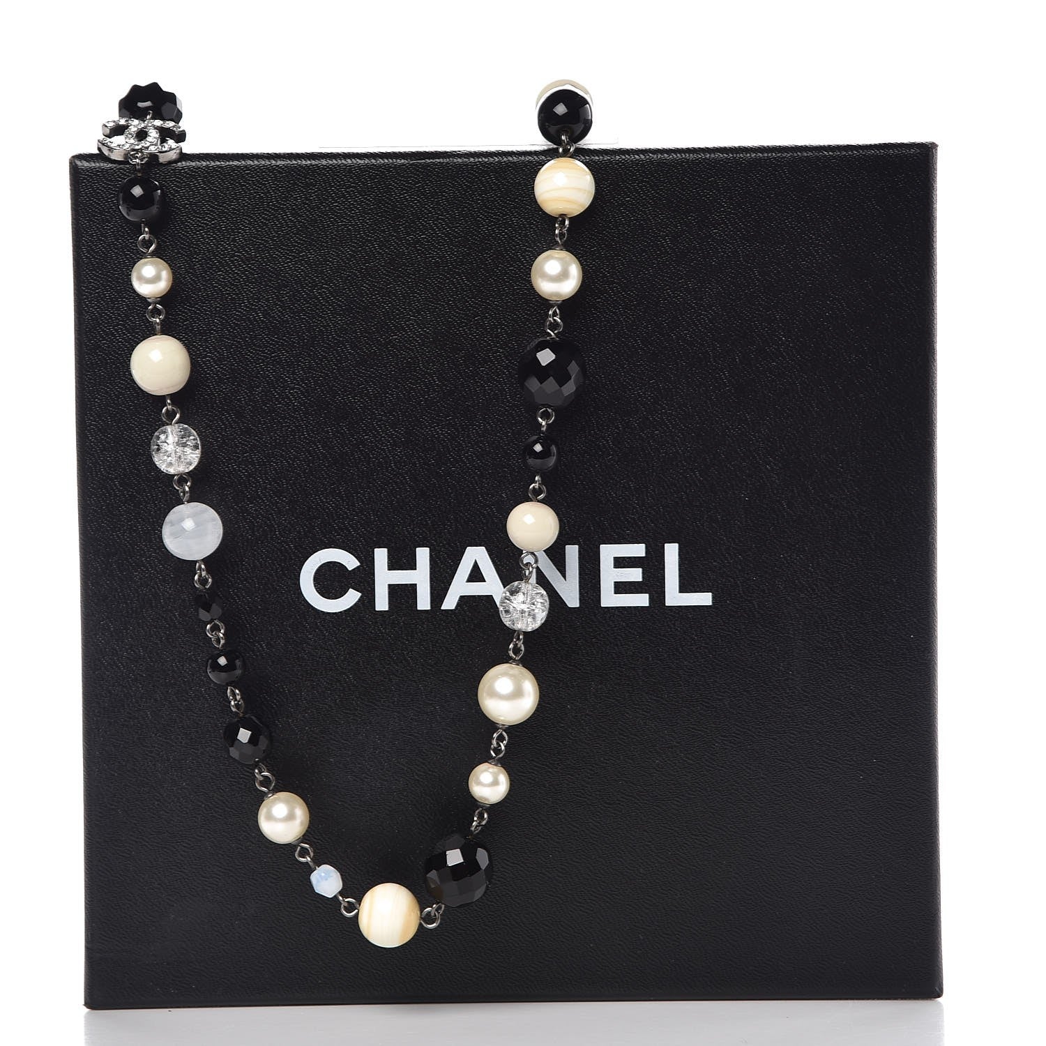 Chanel Pearl Crystal Bead CC Long Necklace Black Silver 5 of 5