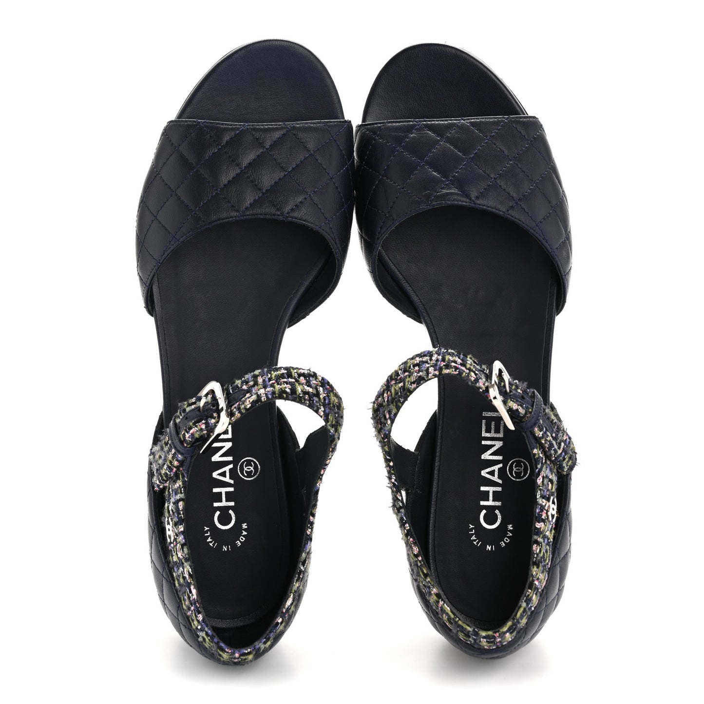 Tweed Lambskin Sandals 40 Green Navy Silver