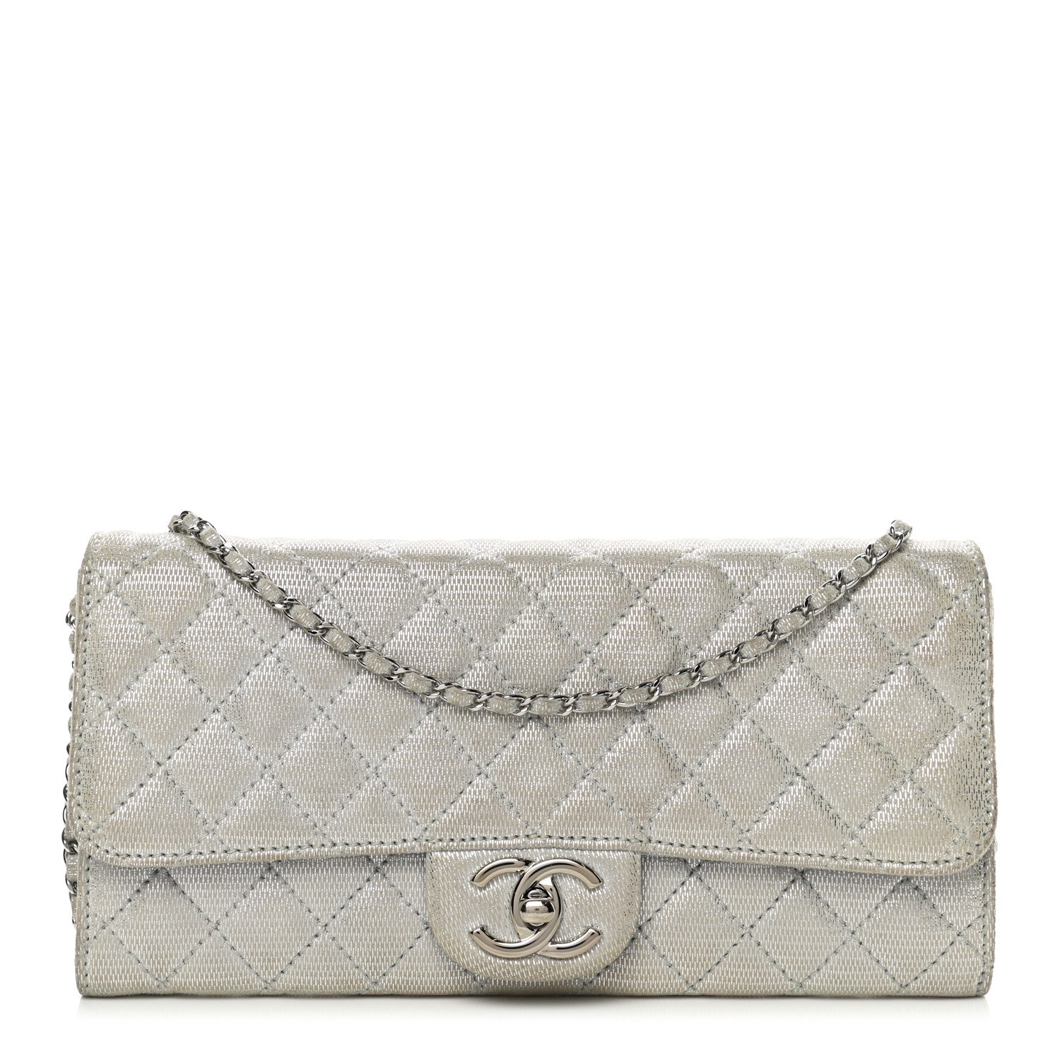 Chanel Metallic Suede Quilted East West Flap Clutch Silver 1 of 12