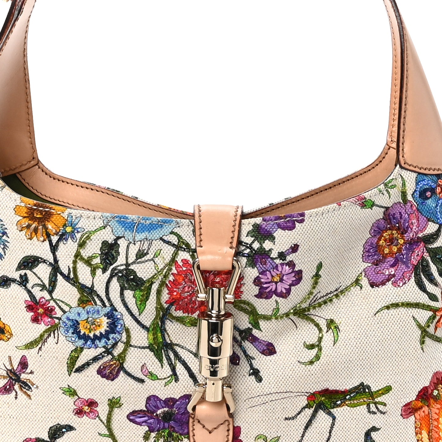 Canvas Beaded Floral Flora Small Jackie O Hobo White