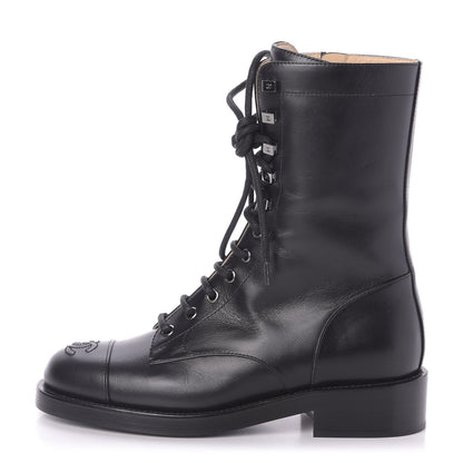 Chanel Calfskin Lace Up Combat Boots 37.5 Black 1 of 8