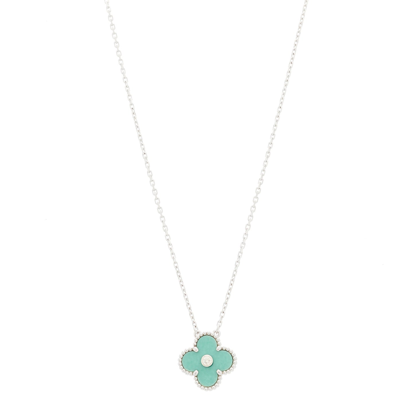 18K White Gold Diamond Celadon Green Sevres Porcelain Vintage Alhambra Pendant Necklace