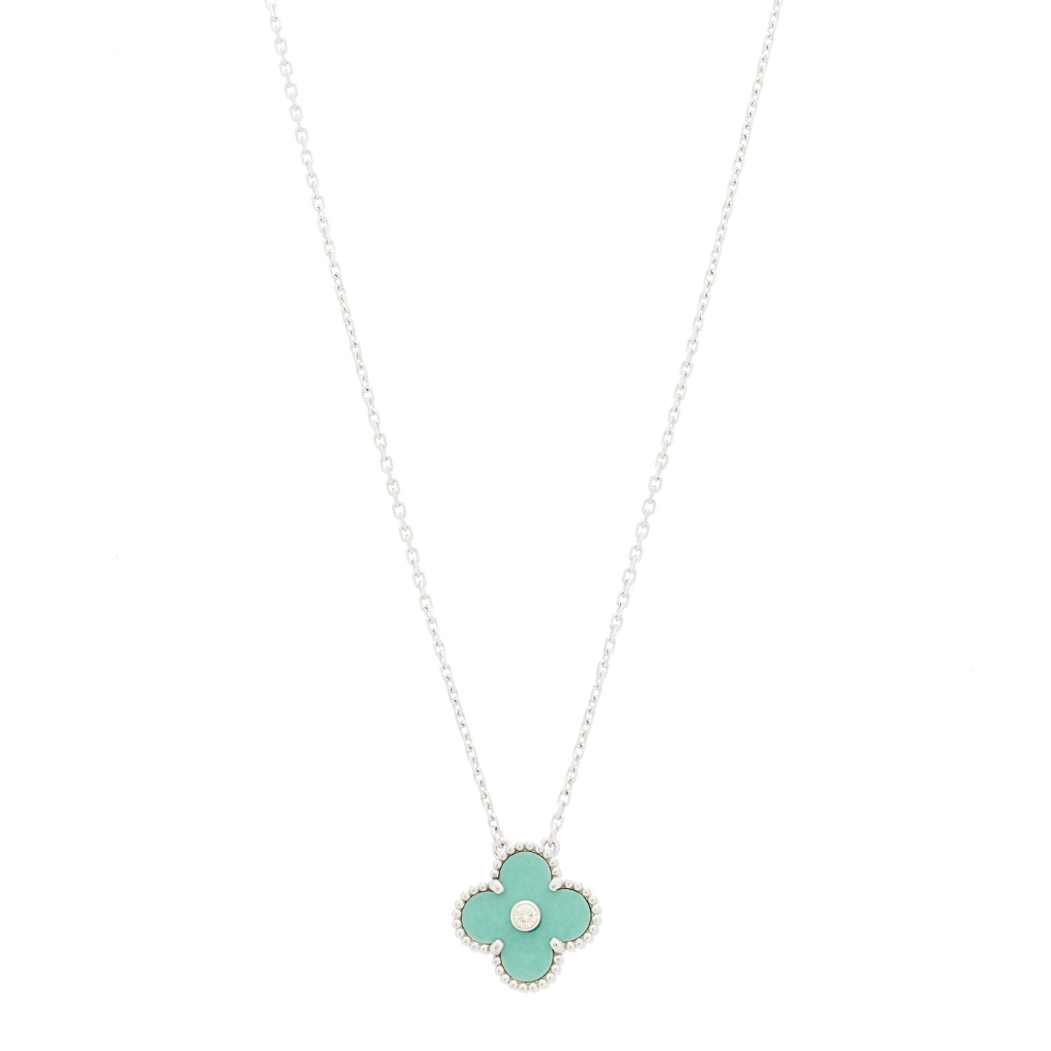 Van Cleef & Arpels 18K White Gold Diamond Celadon Green Sevres Porcelain Vintage Alhambra Pendant Necklace 1 of 6