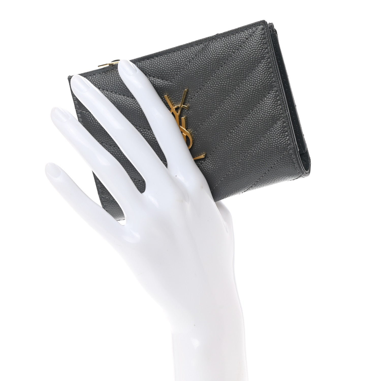 Saint Laurent Grain De Poudre Matelasse Chevron Monogram Zipped Two-Part Wallet Storm 2 of 8