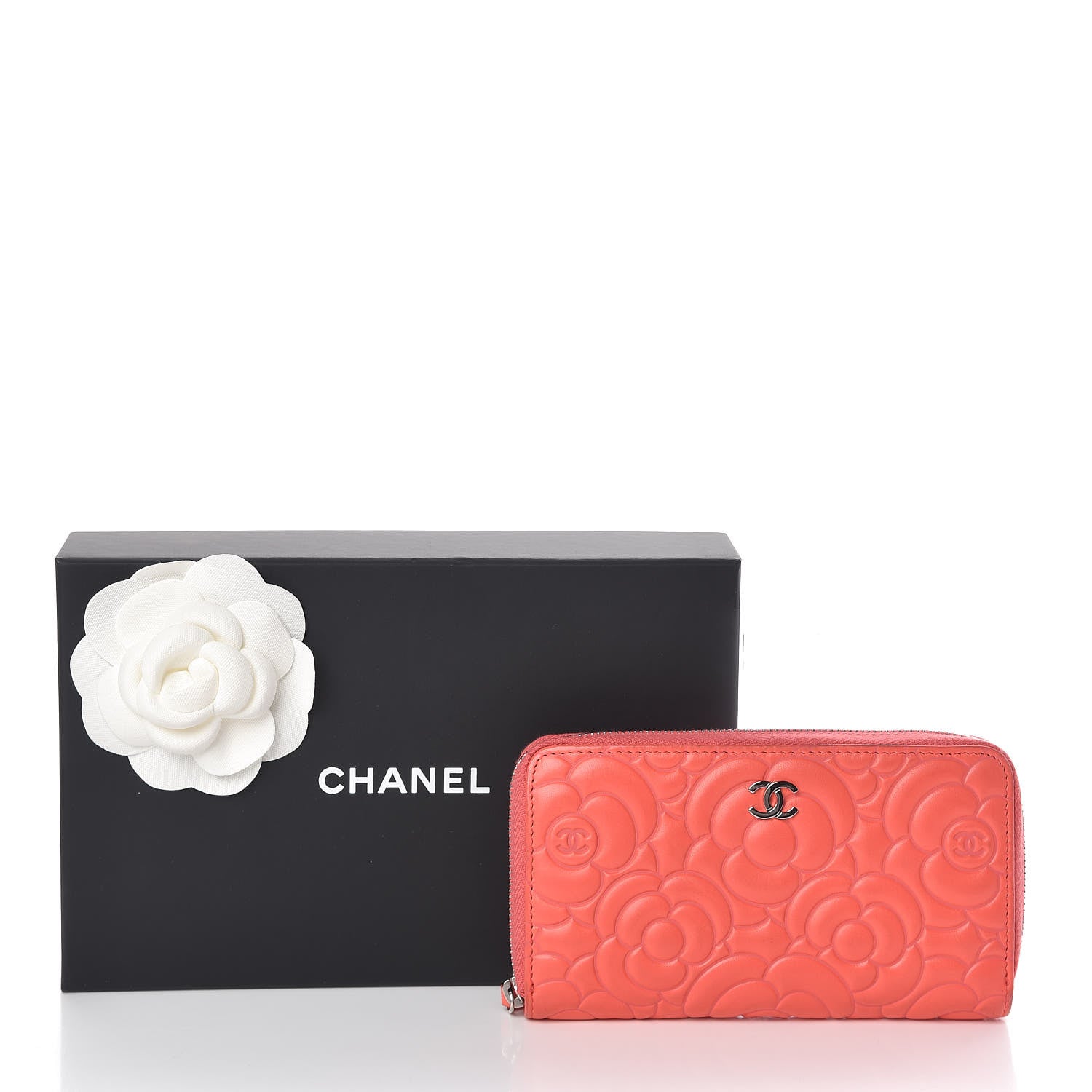 Chanel Lambskin Camellia Embossed Small Zip Around Wallet Coral 13 of 13