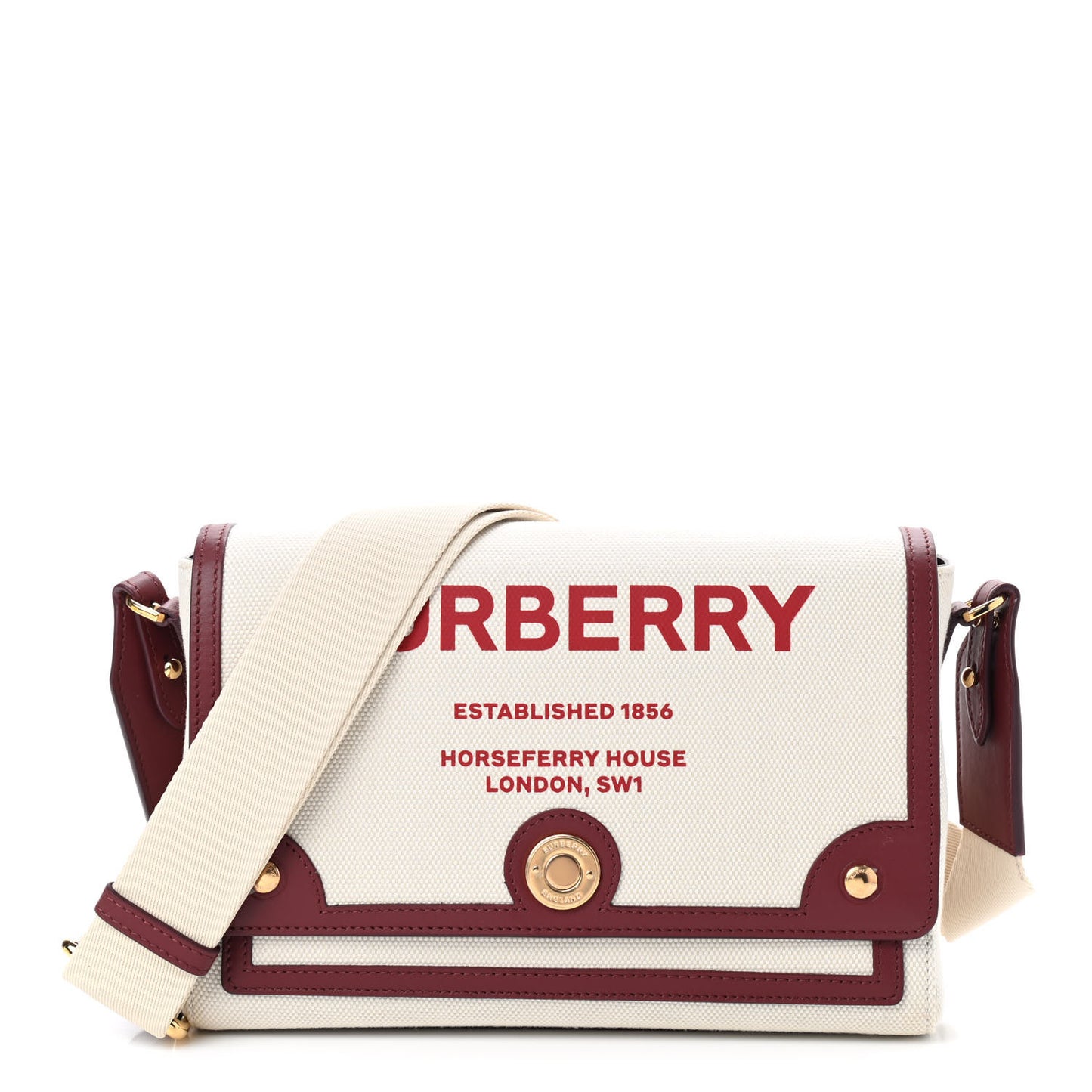 Canvas Horseferry Print Note Crossbody Bag Natural Tan Fiery Red