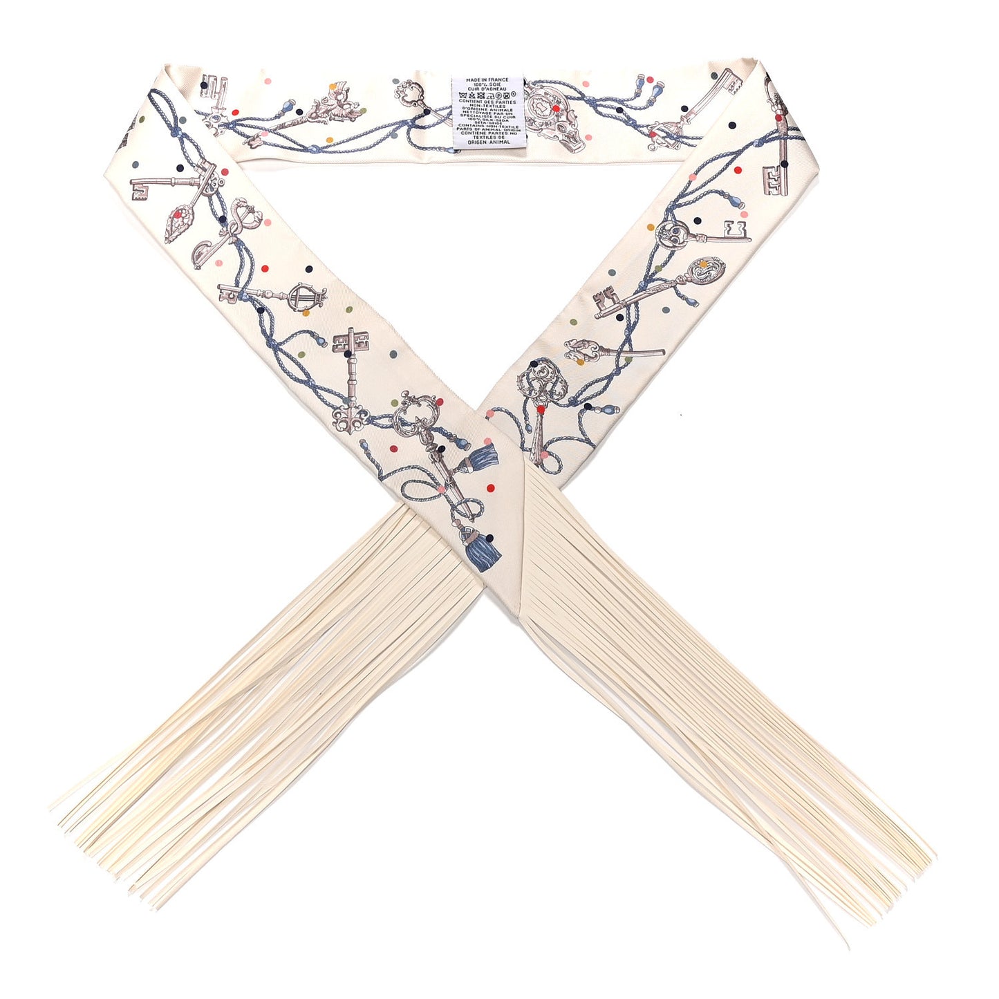 Silk Calfskin Les Cles A Pois Fringed Twilly Creme Gris Perle Multicolor
