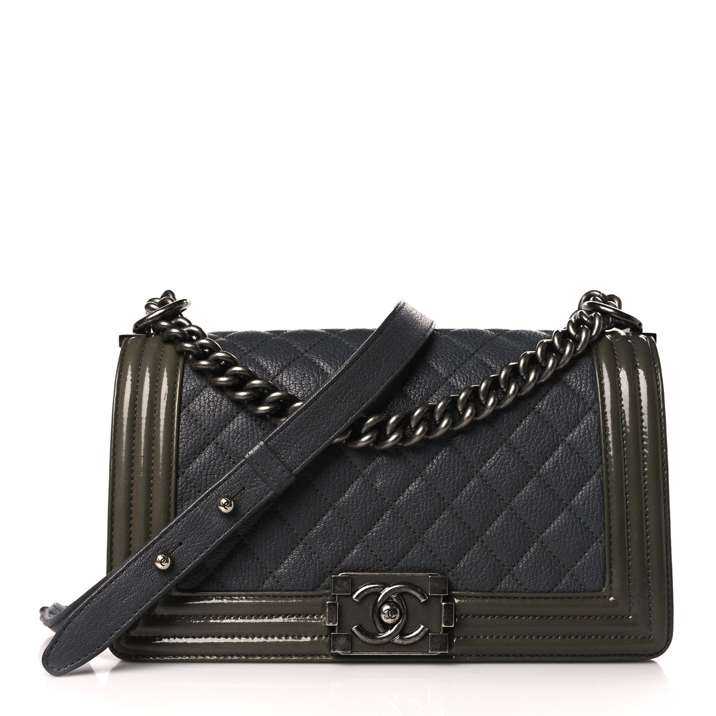 Goatskin Quilted Patent Medium Duo Boy Flap Grey Green