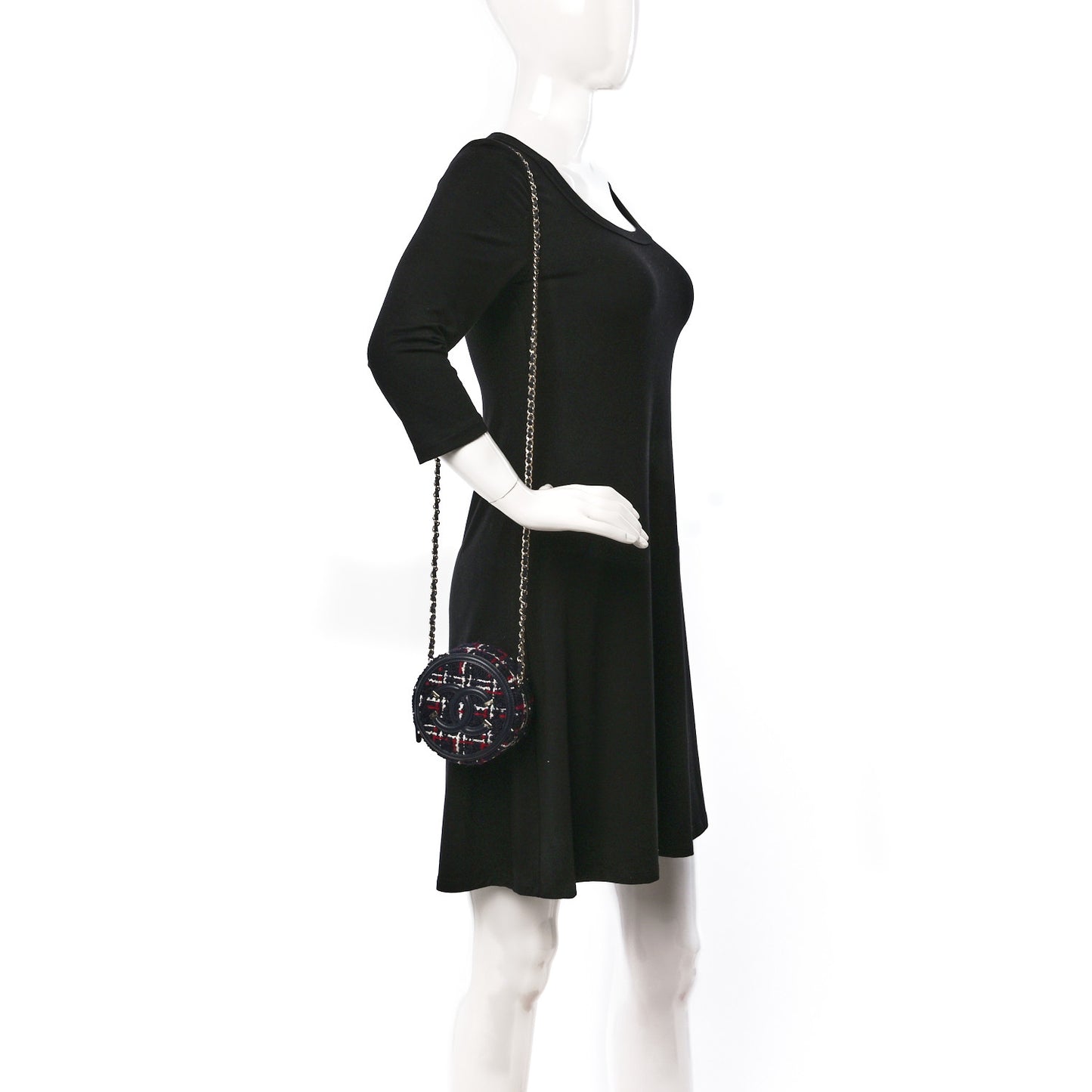 Tweed Quilted Round Filigree Clutch With Chain Navy Blue