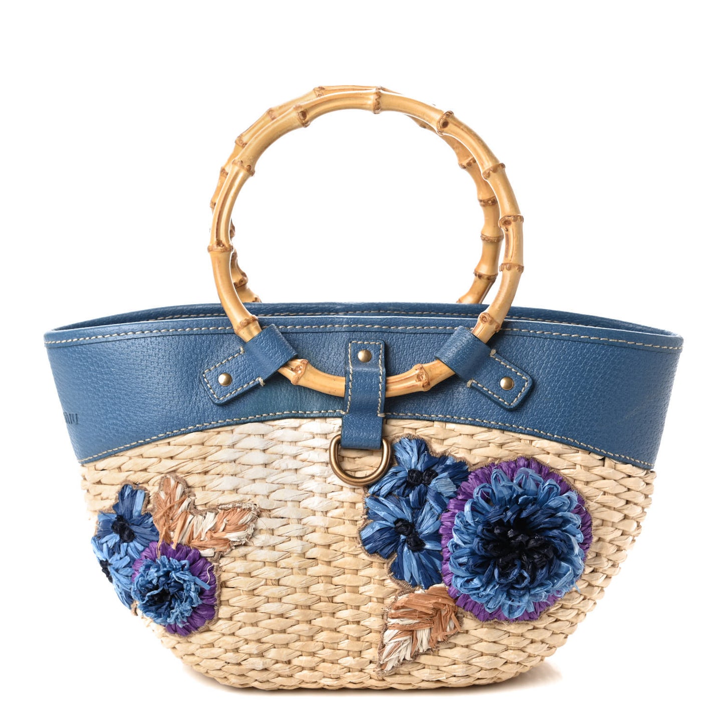 Calfskin Wicker Romantic Basket Bag Naturale Blue