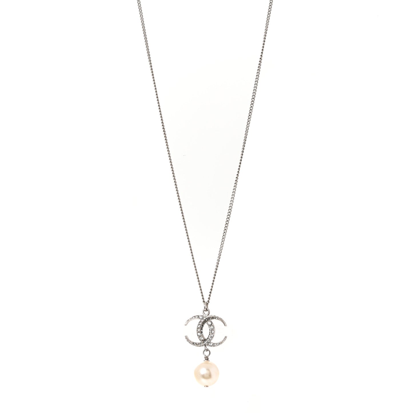 Crystal CC Pearl Drop Necklace Silver