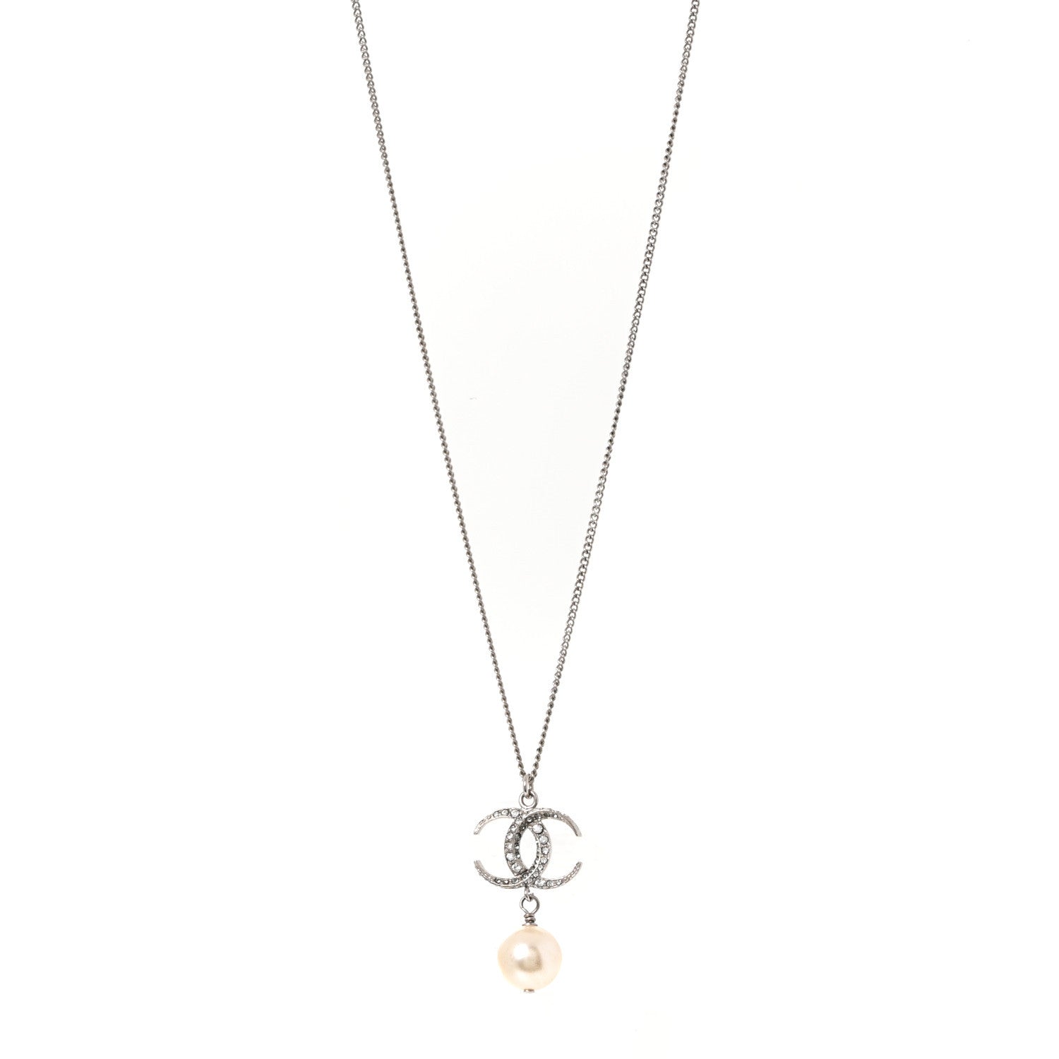 Chanel Crystal CC Pearl Drop Necklace Silver 1 of 5