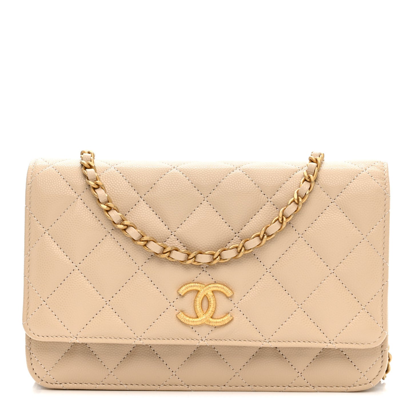Caviar Quilted Textured CC Wallet On Chain WOC Beige