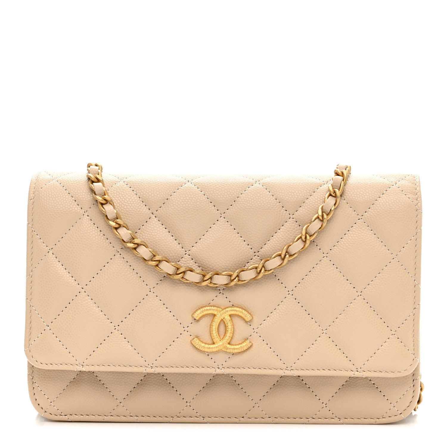 Chanel Caviar Quilted Textured CC Wallet On Chain WOC Beige 1 of 10