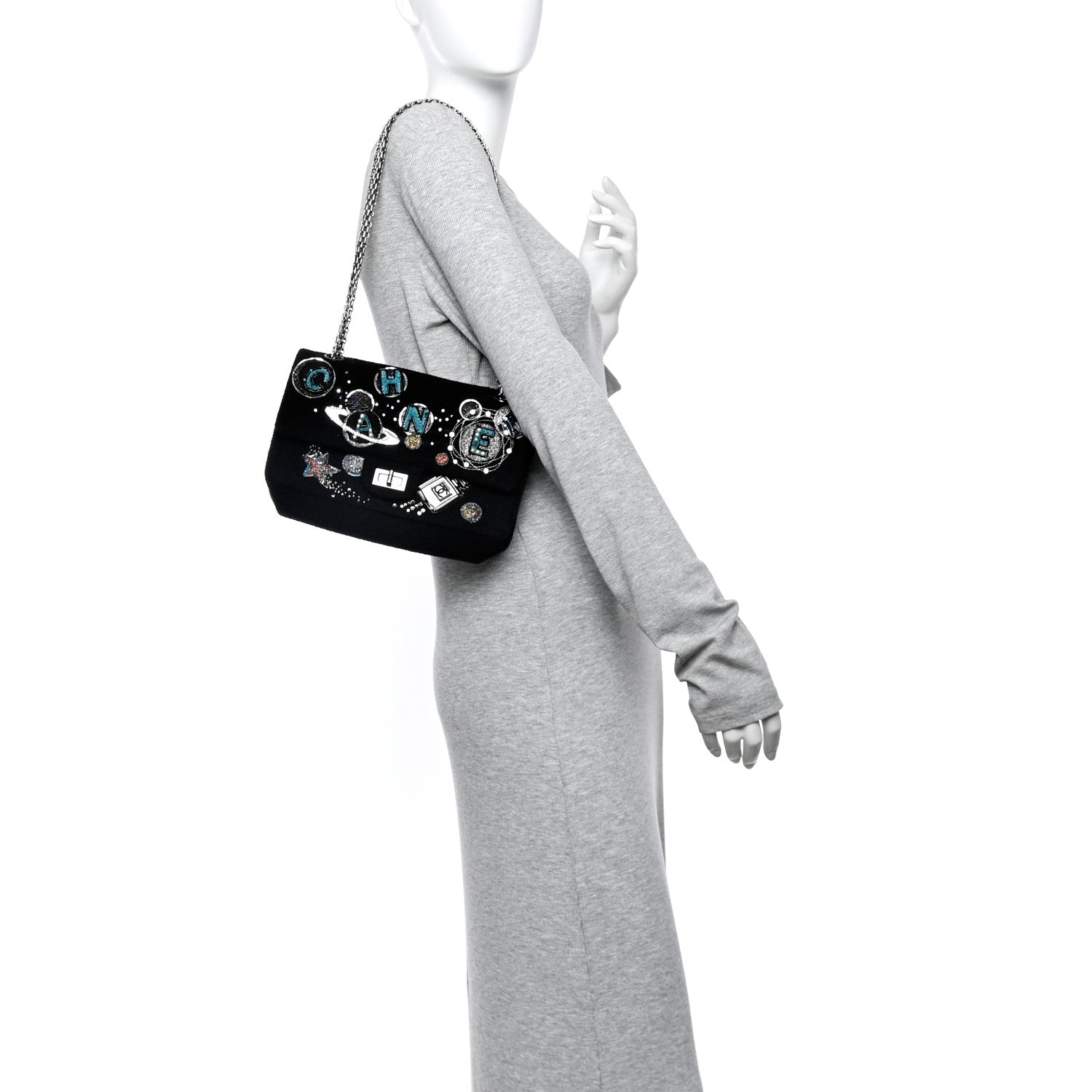 Chanel Boucle Tweed Crystal Bead Embellished Space Charms 2.55 Reissue 225 Flap Black Multicolor 2 of 12