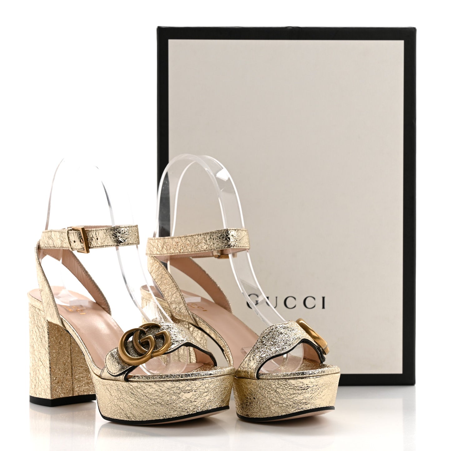 Galassia GG Marmont Ankle Wrap 75mm Platform Sandals 35 Platino