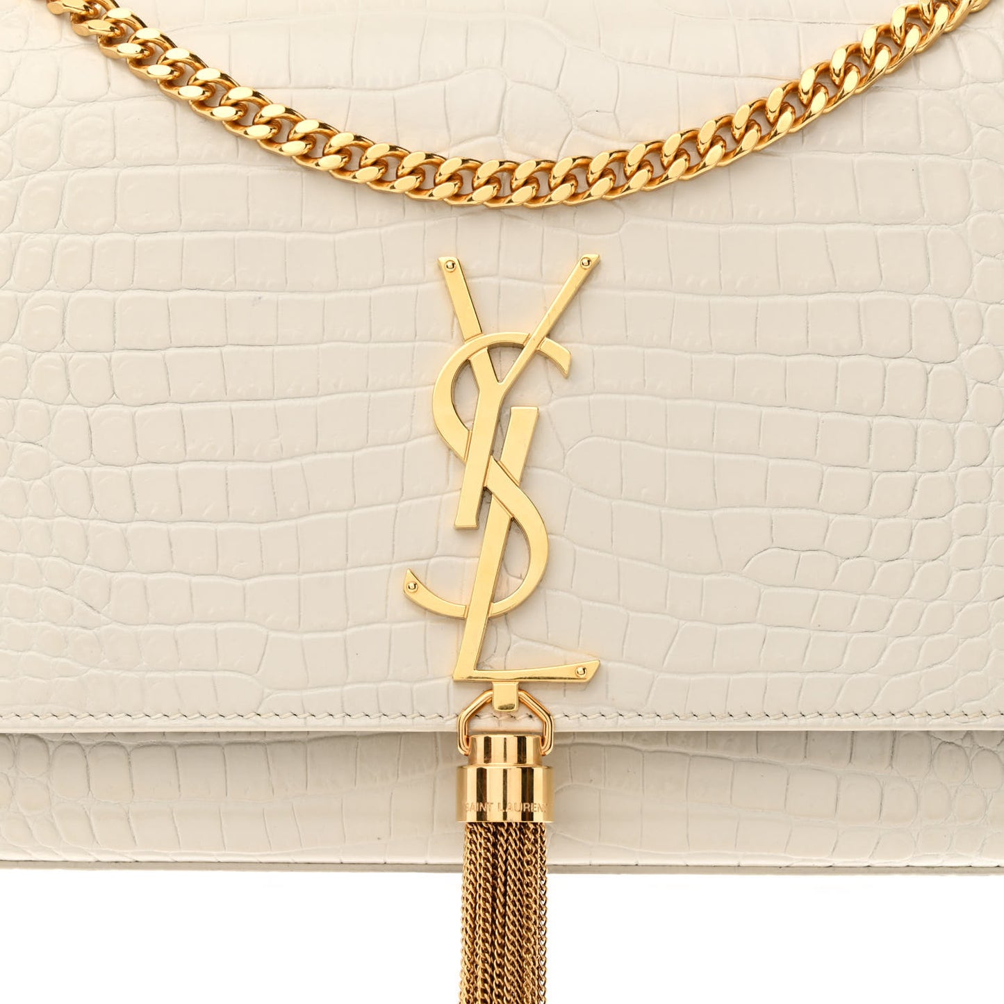 Calfskin Crocodile Embossed Medium Classic Monogram Kate Tassel Satchel Crema Soft