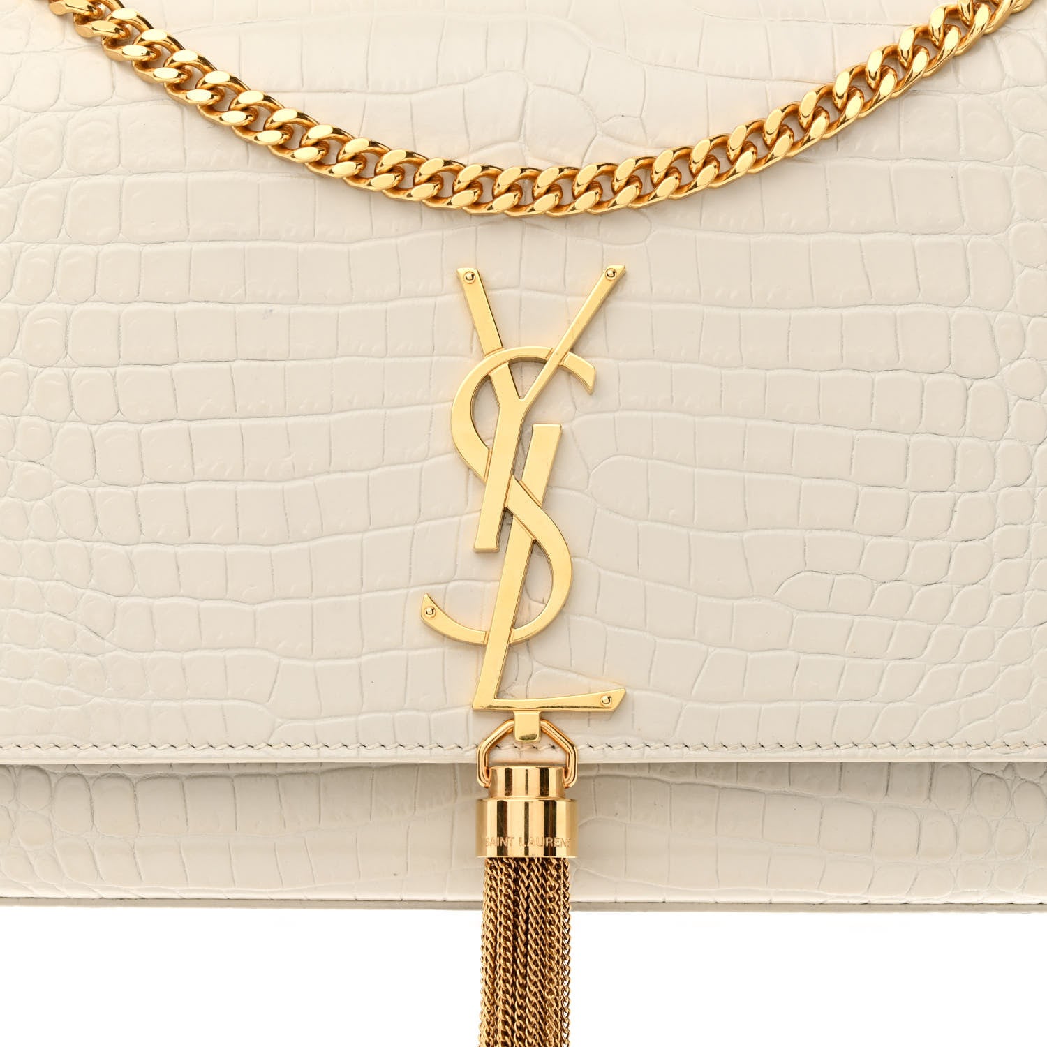 Saint Laurent Calfskin Crocodile Embossed Medium Classic Monogram Kate Tassel Satchel Crema Soft 8 of 15