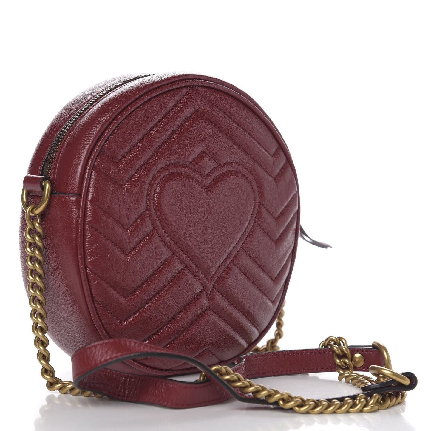 Glazed Calfskin Matelasse Heart Mini GG Marmont Round Shoulder Bag Romantic Cerise