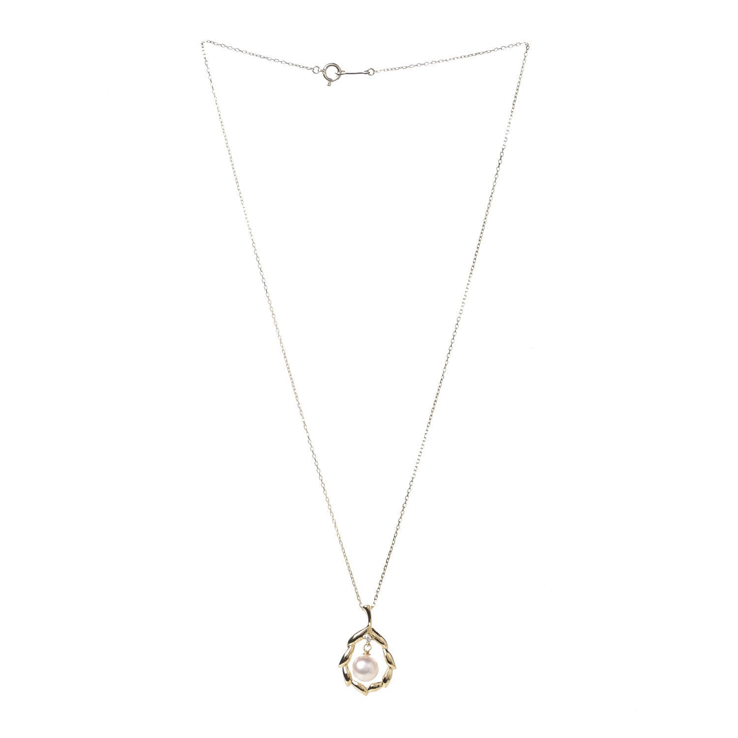Mikimoto 18K Yellow Gold Diamond Akoya Pearl 7mm Leaf Pendant Necklace 3 of 6