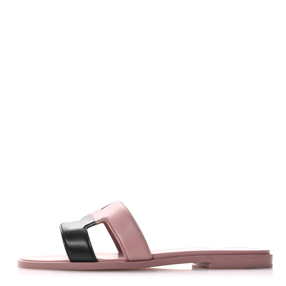 Hermes Box Calfskin Oran Sandals 38 Black Vieux Rose 1 of 10