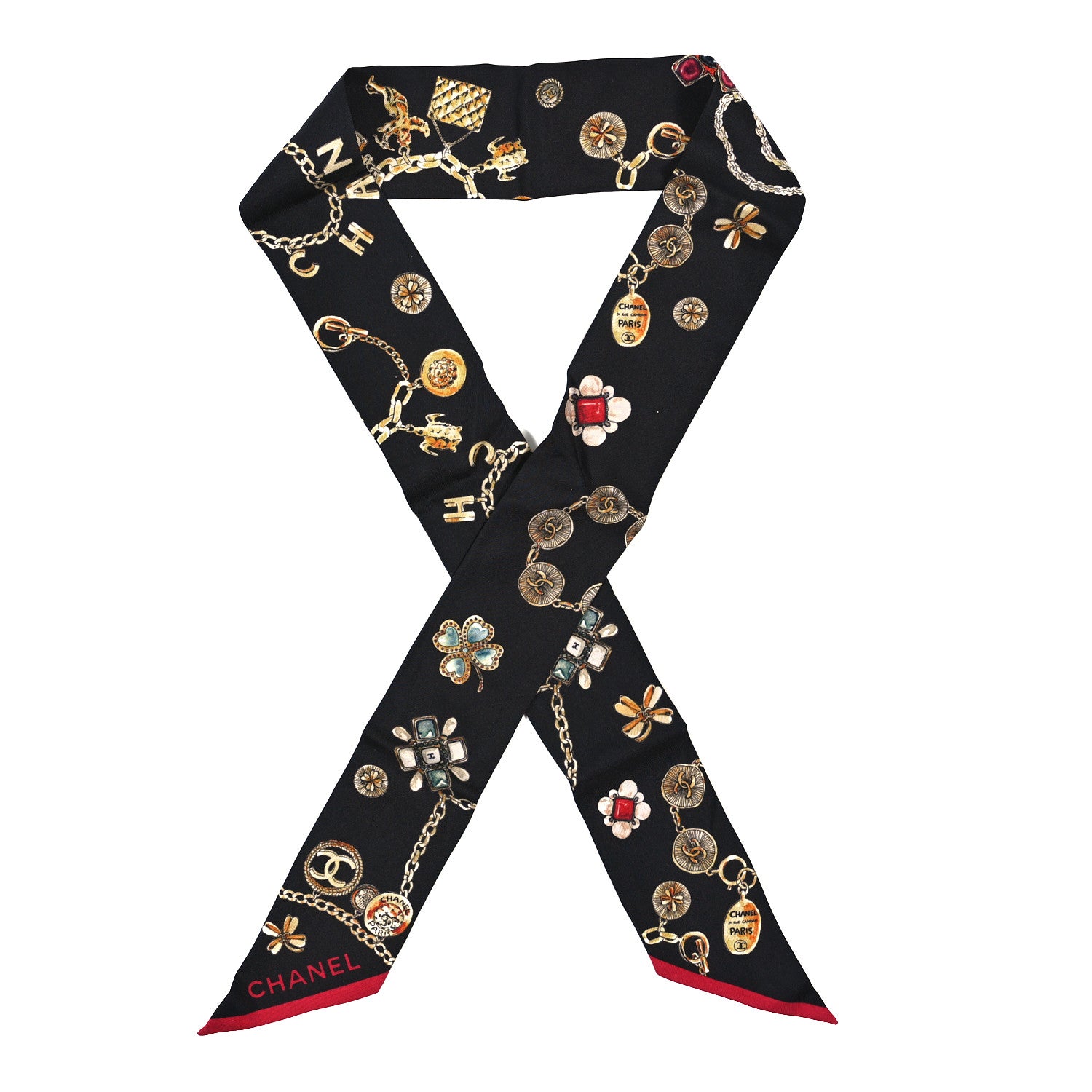 Chanel Silk CC Chain Slim Medallion Bandeau Scarf Black Multicolor 1 of 3