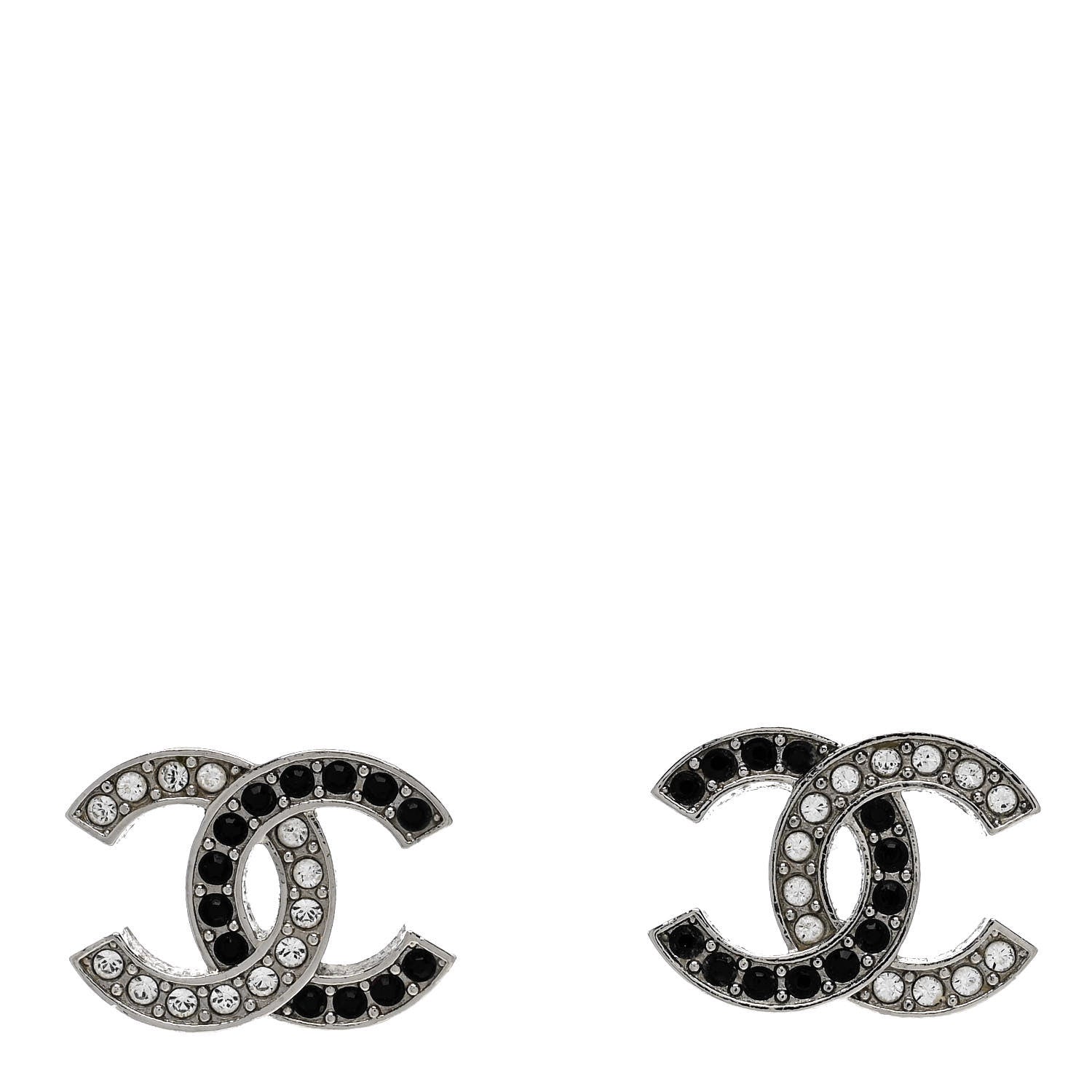Chanel Crystal CC Earrings Silver Black 1 of 5
