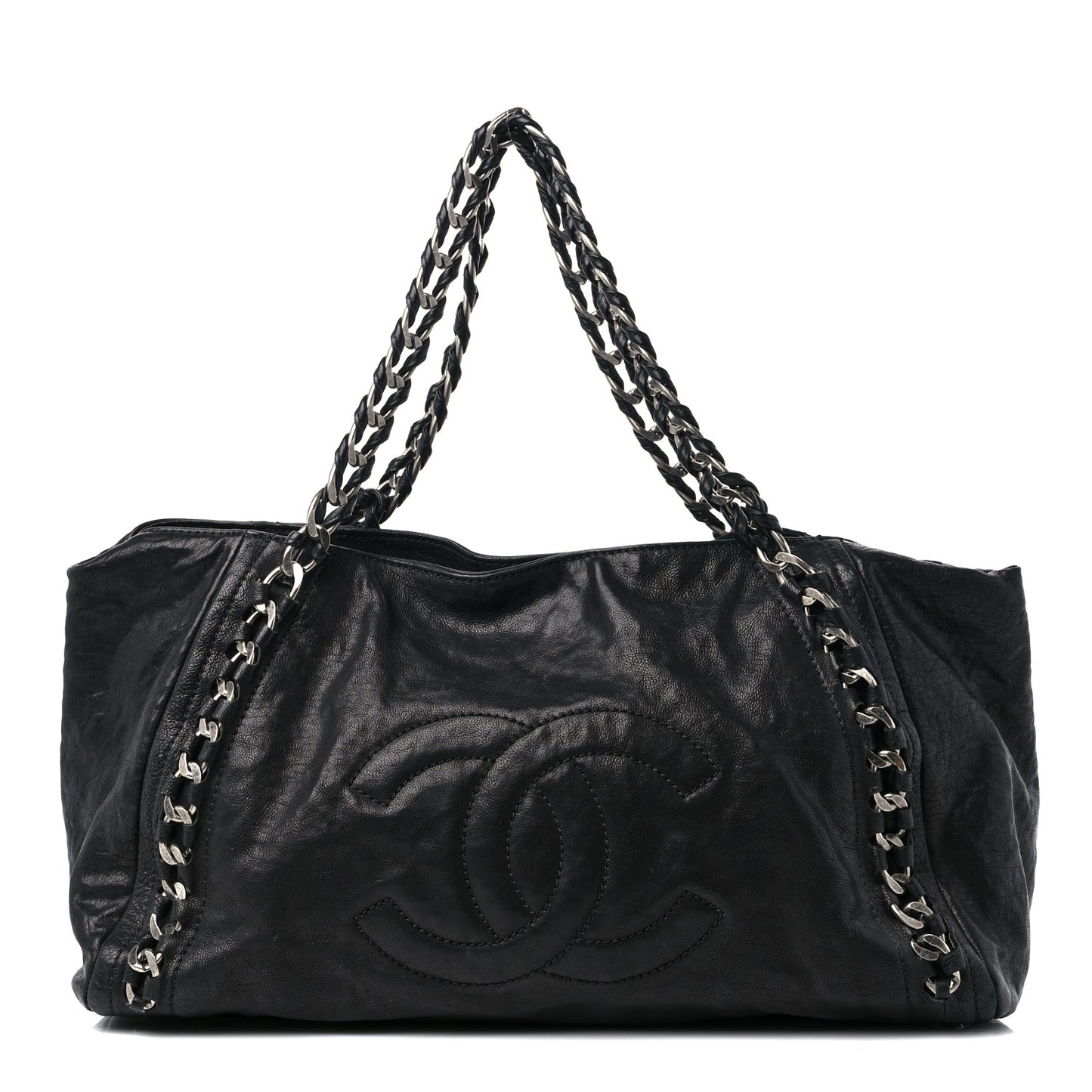 Glazed Calfskin East West Modern Chain Tote Black