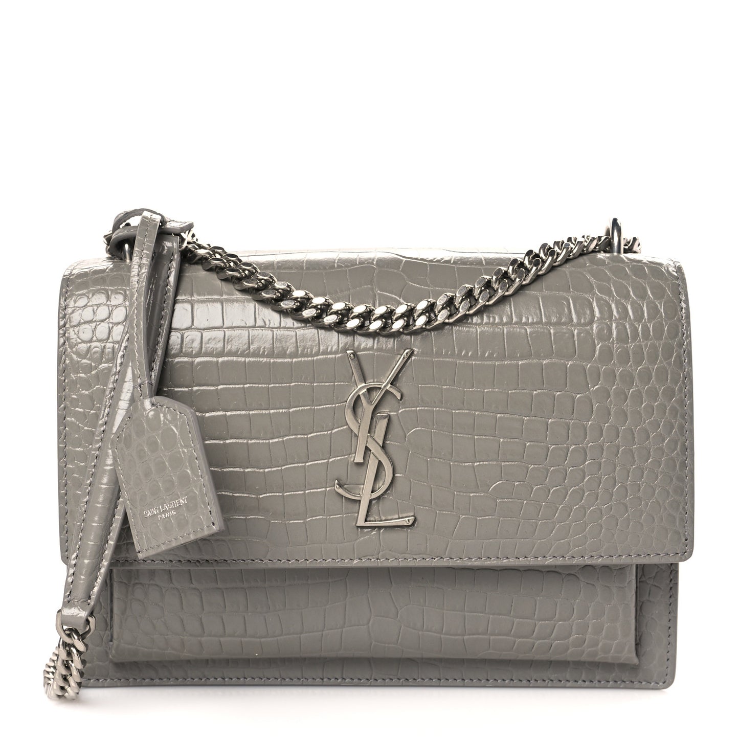 Calfskin Crocodile Embossed Medium Monogram Sunset Fog