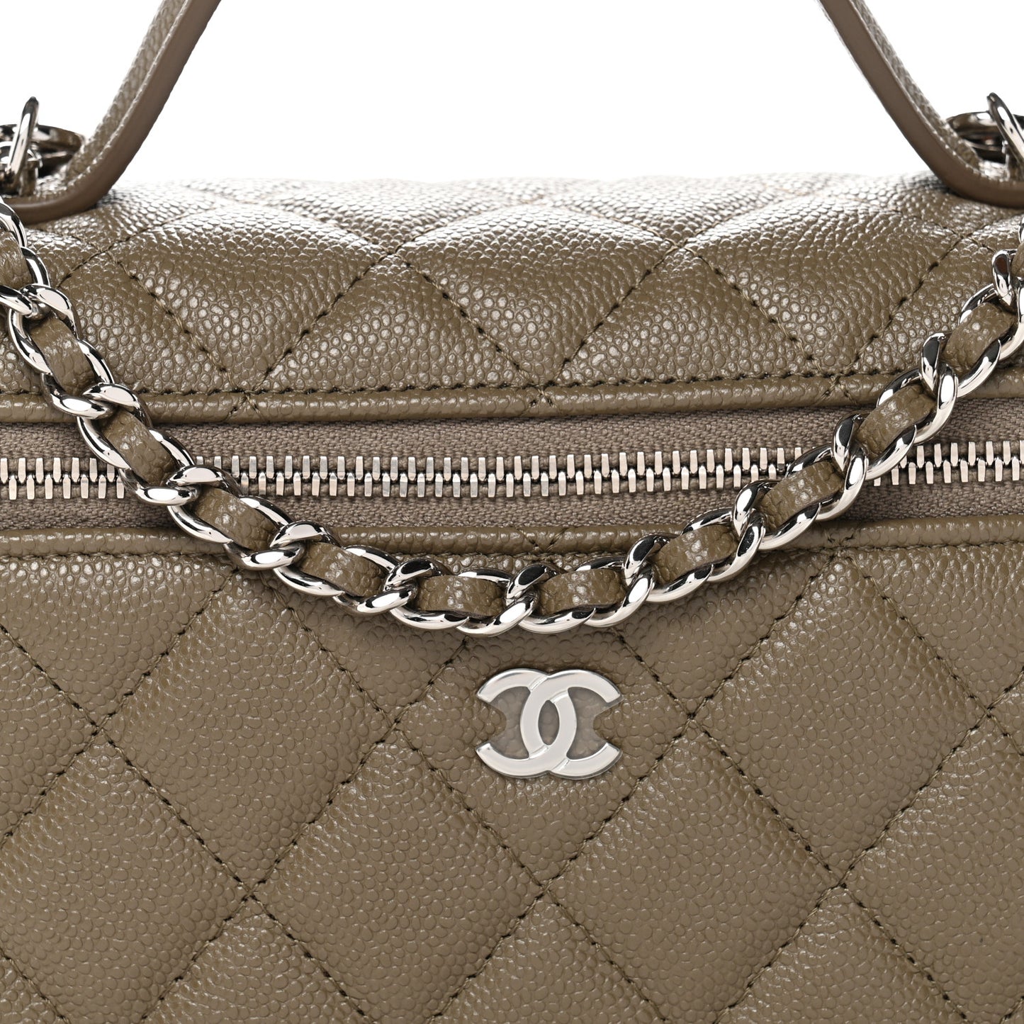 Caviar Quilted Top Handle Slim Vanity With Chain Dark Khaki